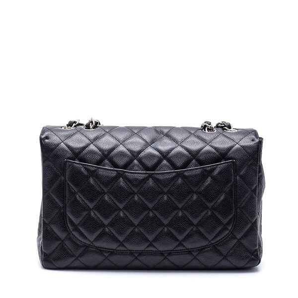 Chanel - Black / Silver Quilted Caviar Leather Single Jumbo Flap Bag